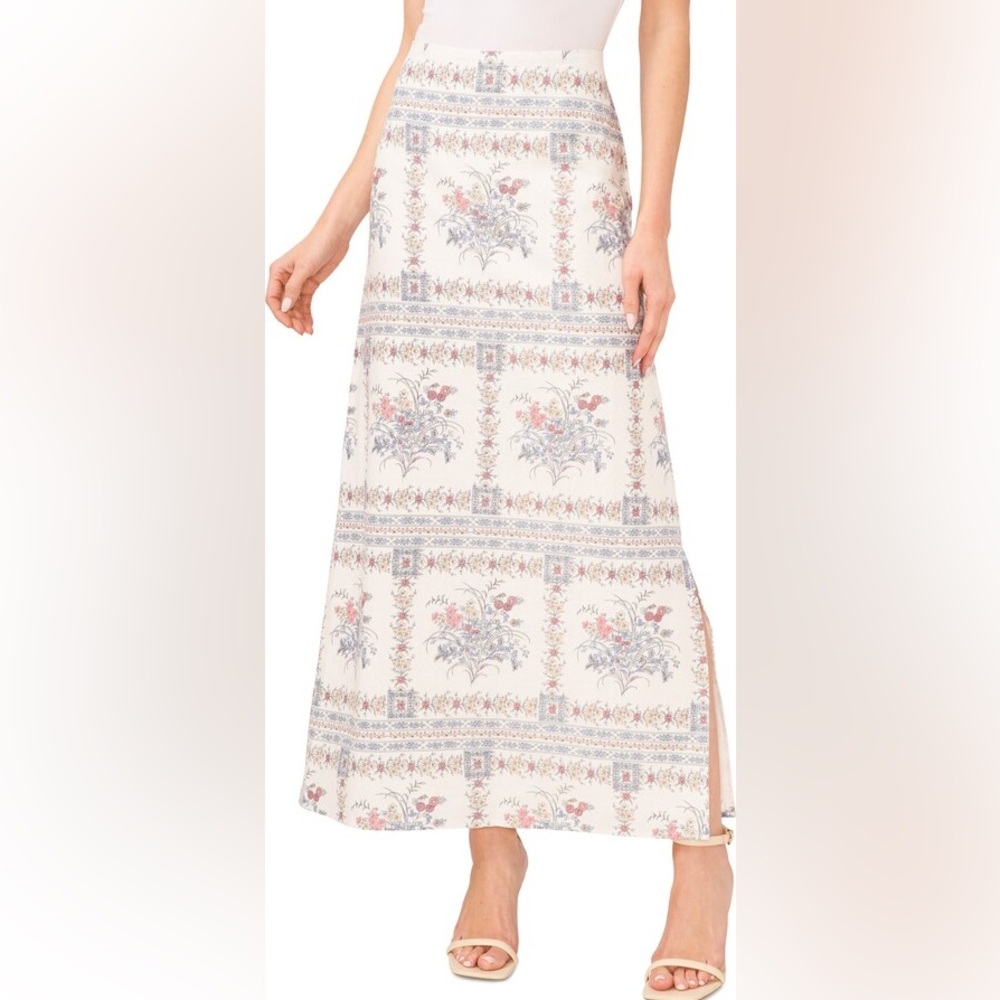 CeCe Floral Print Linen Blend lined Maxi Skirt